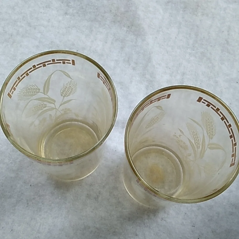 Vintage MCM wheat gold trim drinking tea glasses farmhouse shabby chic boho